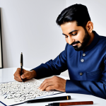 A Modern Urdu Calligrapher**

"A skilled Urdu calligrapher (Khattat) fully clothed in traditional shalwar kameez, sitting at a desk with ink and reed pens (qalam). Intricate calligraphy art on display. Background of a well-lit, modern studio with Islamic art motifs. Appropriate attire, safe for work, family-friendly, perfect anatomy, natural pose, well-formed hands, proper finger count, professional photography, high quality."

**