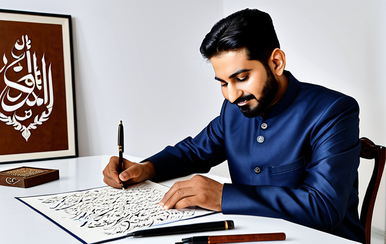 A Modern Urdu Calligrapher**

"A skilled Urdu calligrapher (Khattat) fully clothed in traditional shalwar kameez, sitting at a desk with ink and reed pens (qalam). Intricate calligraphy art on display. Background of a well-lit, modern studio with Islamic art motifs. Appropriate attire, safe for work, family-friendly, perfect anatomy, natural pose, well-formed hands, proper finger count, professional photography, high quality."

**